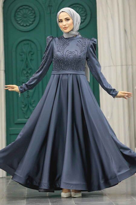  Satin Anthracite Islamic Evening Dress 23191ANT - NEVA STYLE