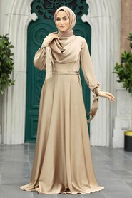  Satin Beige Islamic Long Sleeve Maxi Dress 38031BEJ - 3
