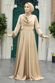  Satin Beige Islamic Long Sleeve Maxi Dress 38031BEJ - 2