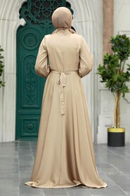  Satin Beige Islamic Long Sleeve Maxi Dress 38031BEJ - 4