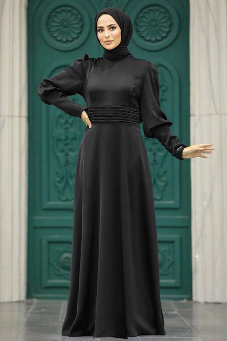 Satin Black Muslim Bridesmaid Dress 4171S - NEVA STYLE