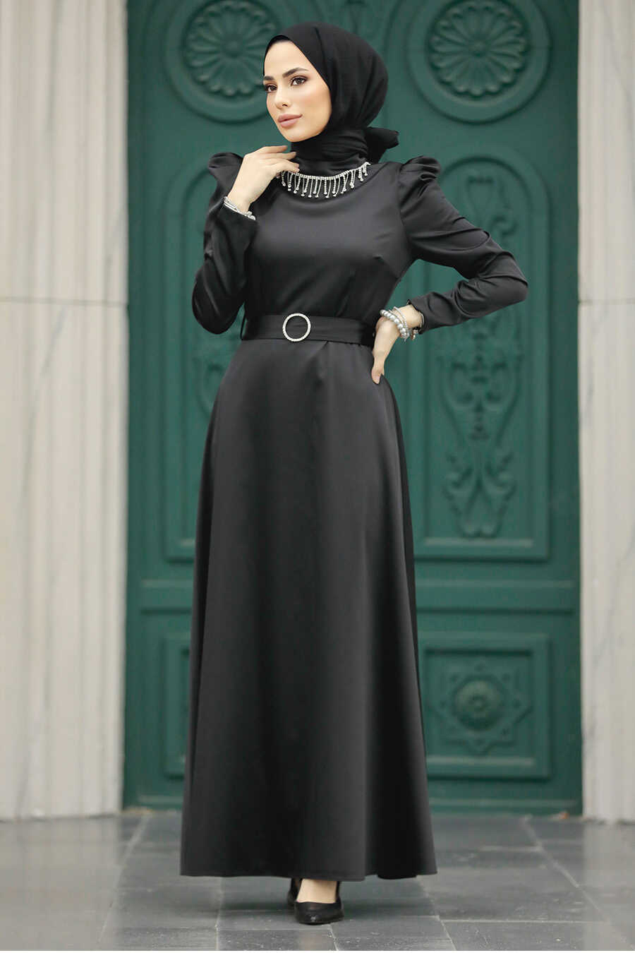 Neva Style - Satin Black High Quality Dress 7725S