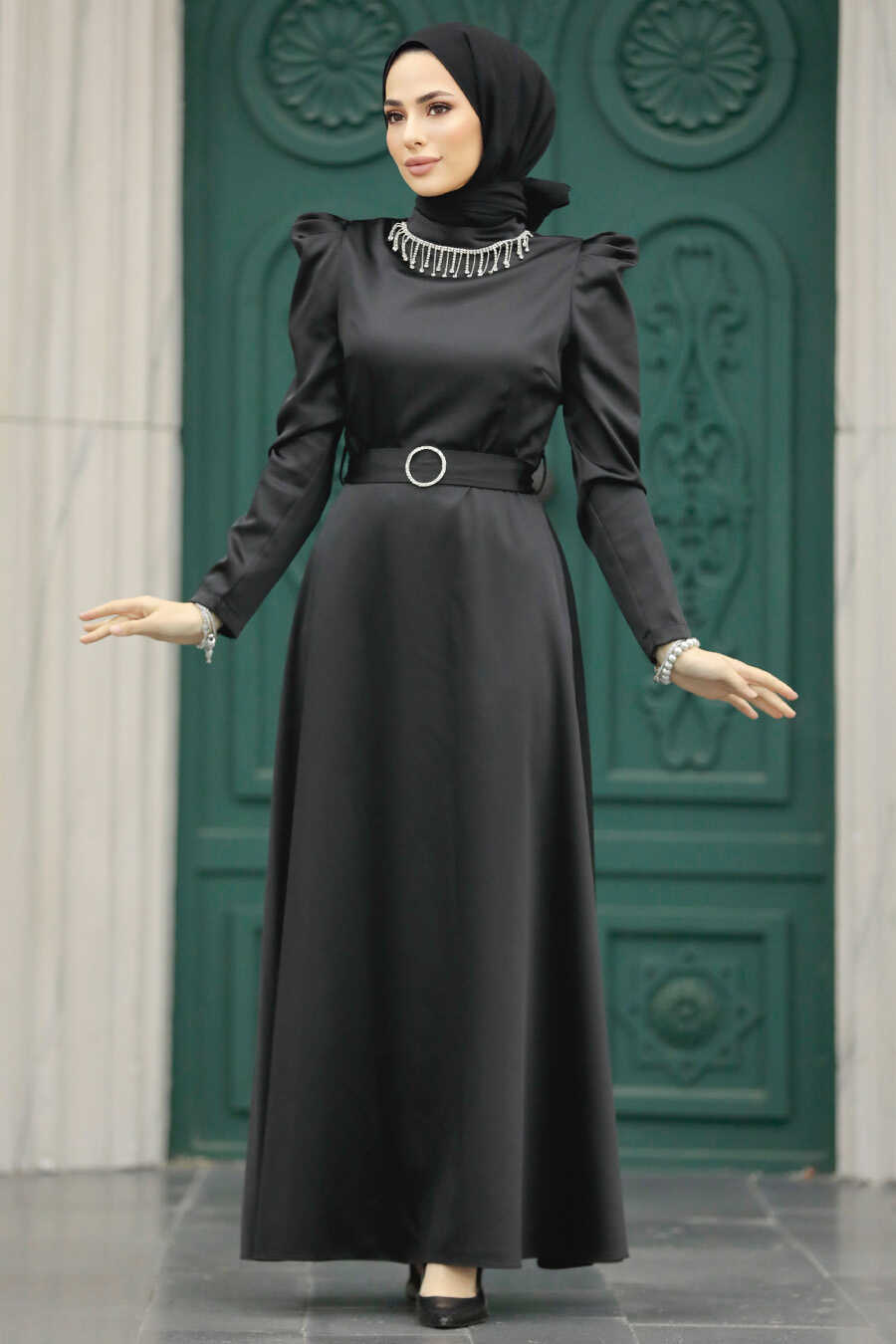 Neva Style - Satin Black High Quality Dress 7725S