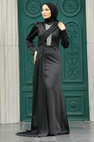 Neva Style - Satin Black Hijab Wedding Dress 22891S - Thumbnail