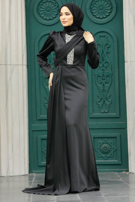 Satin Black Hijab Wedding Dress 22891s - Neva-style.com