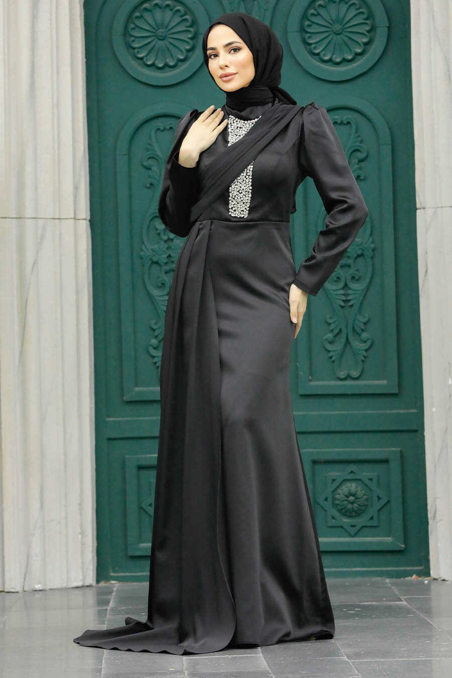 Neva Style - Satin Black Hijab Wedding Dress 22891S