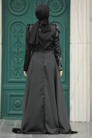  Satin Black Islamic Long Sleeve Dress 3984S - 3