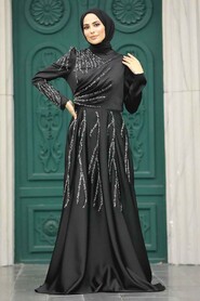  Satin Black Islamic Long Sleeve Dress 3984S - 2