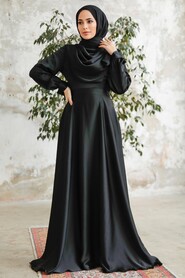  Satin Black Islamic Long Sleeve Maxi Dress 38031S - 1