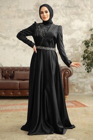  Satin Black Islamic Wedding Dress 3967S - NEVA STYLE