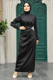  Satin Black Muslim Bridal Dress 5940S - 1