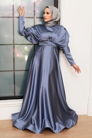  Satin Blue Hijab Muslim Prom Dress 22470M - 3