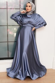  Satin Blue Hijab Muslim Prom Dress 22470M - 2