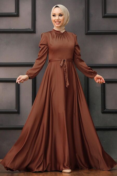  Satin Brown Islamic Engagement Dress 25131KH - NEVA STYLE