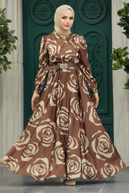  Satin Brown Islamic Evening Dress 39232KH - NEVA STYLE
