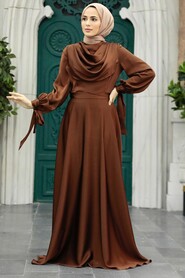  Satin Brown Islamic Long Sleeve Maxi Dress 38031KH - 2