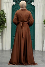  Satin Brown Islamic Long Sleeve Maxi Dress 38031KH - 3
