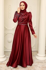  Satin Claret Red Hijab Prom Dress 2239BR - 3