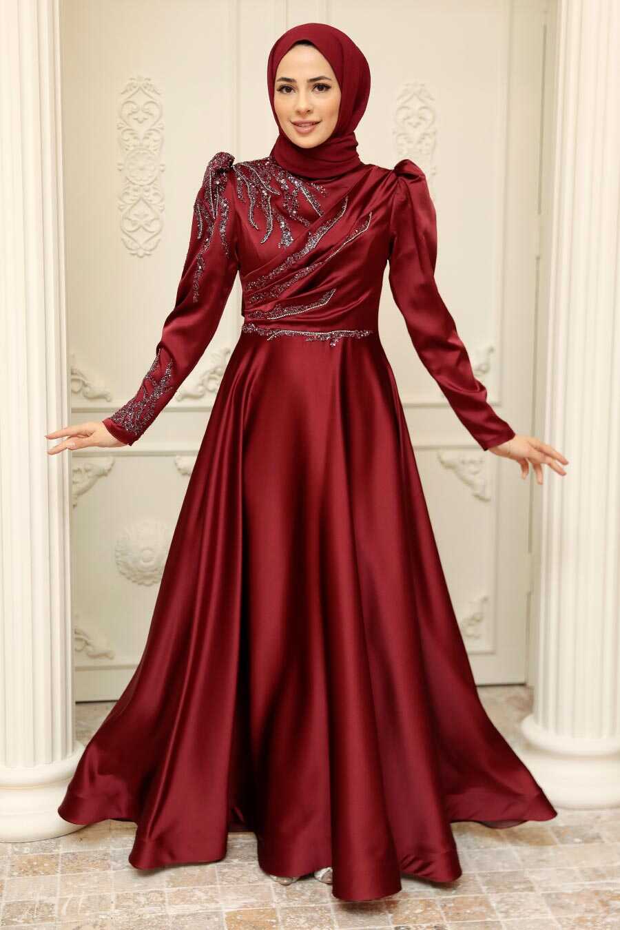 Satin Claret Red Hijab Prom Dress 2239BR - Neva-style.com