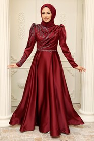  Satin Claret Red Hijab Prom Dress 2239BR - 2