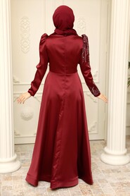  Satin Claret Red Hijab Prom Dress 2239BR - 4
