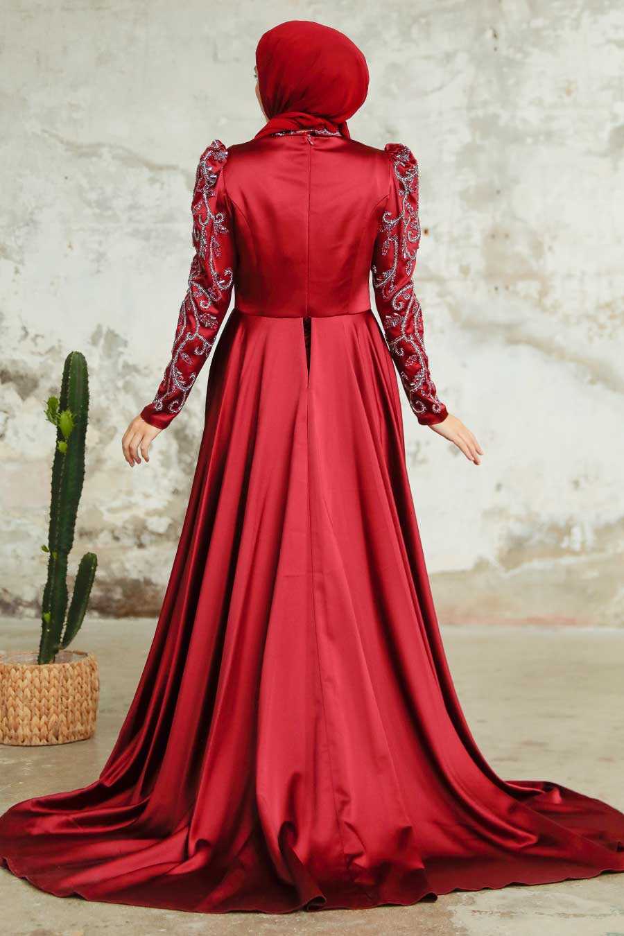 Neva Style - Satin Claret Red Islamic Clothing Wedding Dress 2282BR