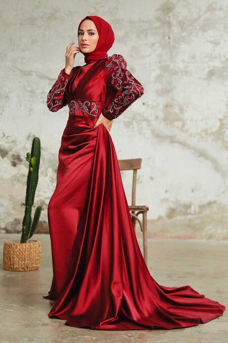  Satin Claret Red Islamic Clothing Wedding Dress 2282BR - NEVA STYLE