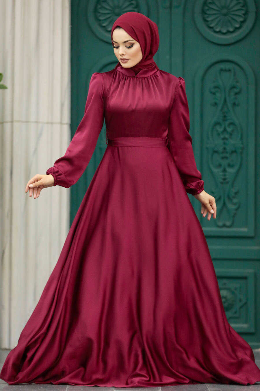 Neva Style - Satin Claret Red Islamic Engagement Dress 25131BR