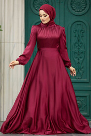 Neva Style - Satin Claret Red Islamic Engagement Dress 25131BR - Thumbnail