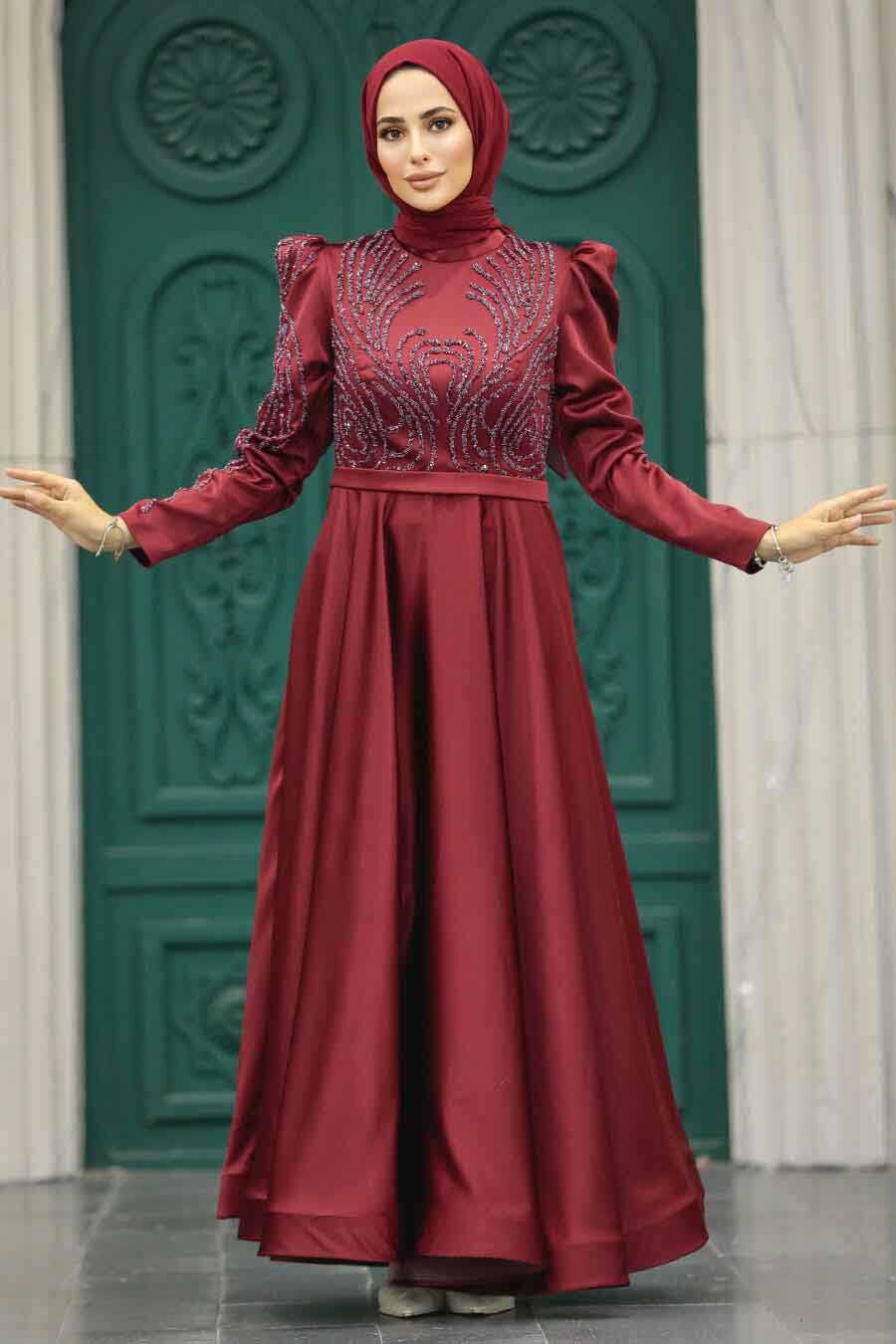 Neva Style - Satin Claret Red Islamic Evening Dress 23191BR