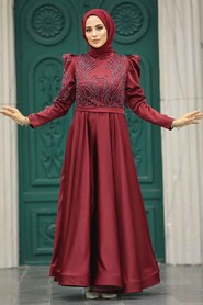 Neva Style - Satin Claret Red Islamic Evening Dress 23191BR - Thumbnail