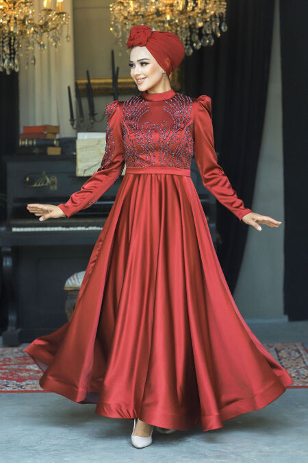  Satin Claret Red Islamic Evening Dress 23191BR - NEVA STYLE
