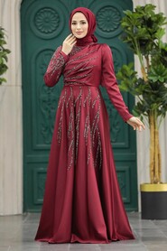  Satin Claret Red Islamic Long Sleeve Dress 3984BR - 1