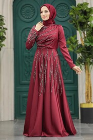  Satin Claret Red Islamic Long Sleeve Dress 3984BR - 2