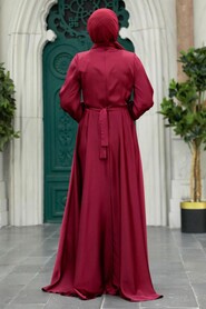  Satin Claret Red Islamic Long Sleeve Maxi Dress 38031BR - 4
