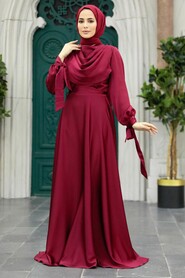  Satin Claret Red Islamic Long Sleeve Maxi Dress 38031BR - 3