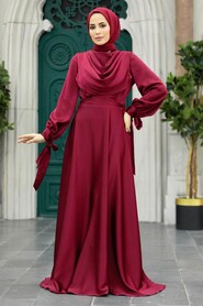  Satin Claret Red Islamic Long Sleeve Maxi Dress 38031BR - 2