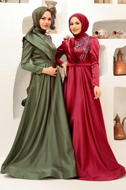 Satin Claret Red Modest Islamic Clothing Evening Dress 22441BR - 5