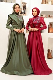  Satin Claret Red Modest Islamic Clothing Evening Dress 22441BR - 3