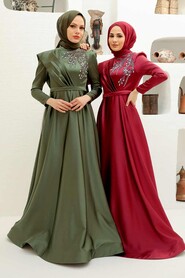  Satin Claret Red Modest Islamic Clothing Evening Dress 22441BR - 2