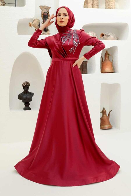  Satin Claret Red Modest Islamic Clothing Evening Dress 22441BR - NEVA STYLE