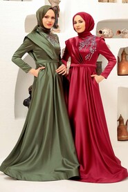  Satin Claret Red Modest Islamic Clothing Evening Dress 22441BR - 6