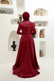  Satin Claret Red Modest Islamic Clothing Evening Dress 22441BR - 7