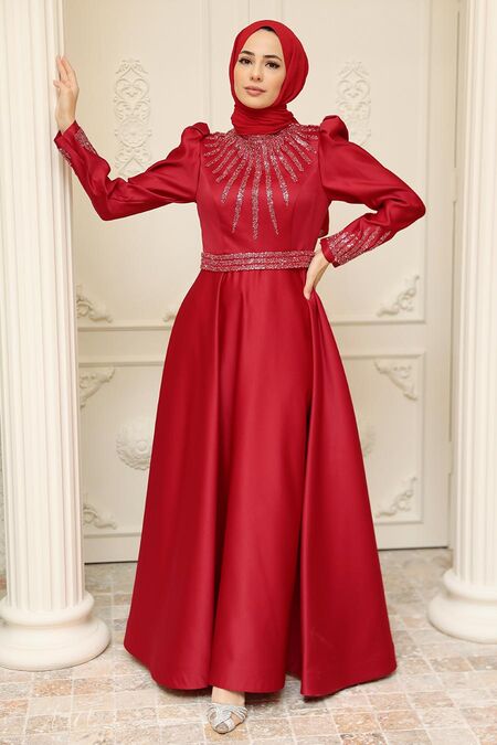  Satin Claret Red Modest Islamic Clothing Wedding Dress 22840BR - NEVA STYLE