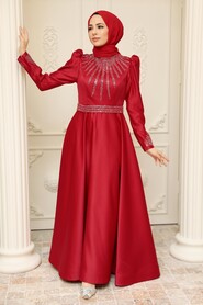  Satin Claret Red Modest Islamic Clothing Wedding Dress 22840BR - 2