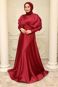 Satin Claret Red Muslim Prom Dress 22470BR - 3