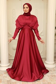  Satin Claret Red Muslim Prom Dress 22470BR - 2
