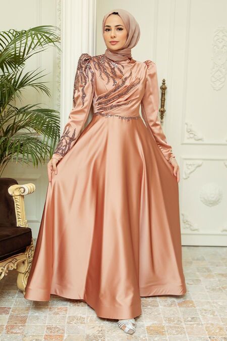  Satin Cooper Hijab Evening Dress 2239BKR - NEVA STYLE