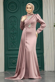 Neva Style - Satin Copper Hijab Wedding Dress 22891BKR - Thumbnail