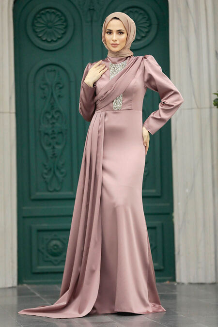  Satin Copper Hijab Wedding Dress 22891BKR - NEVA STYLE
